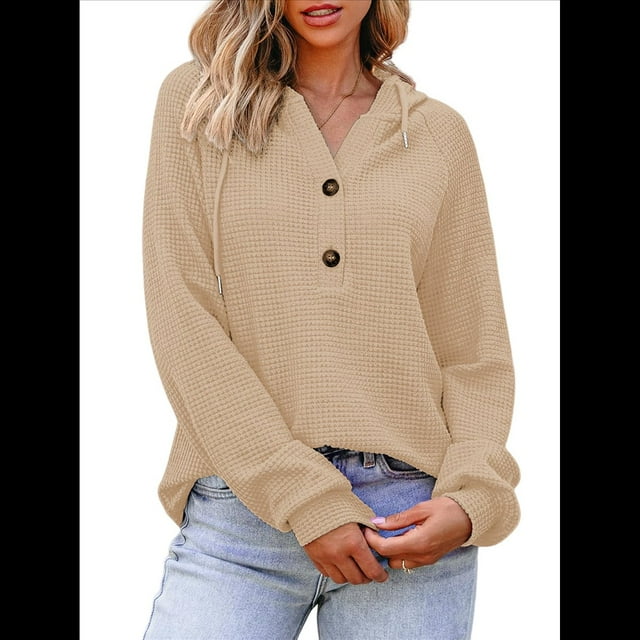 Sudadera con Capucha para Mujer, de Punto Gofre, Larga, Cordón Ajustable, Botones, Cuello en V, Informal, con Capucha Albaricoque XL