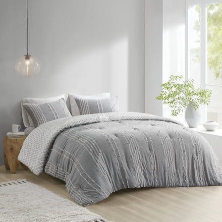 3 Piece Cotton Jacquard Comforter Set Gray Full/Queen