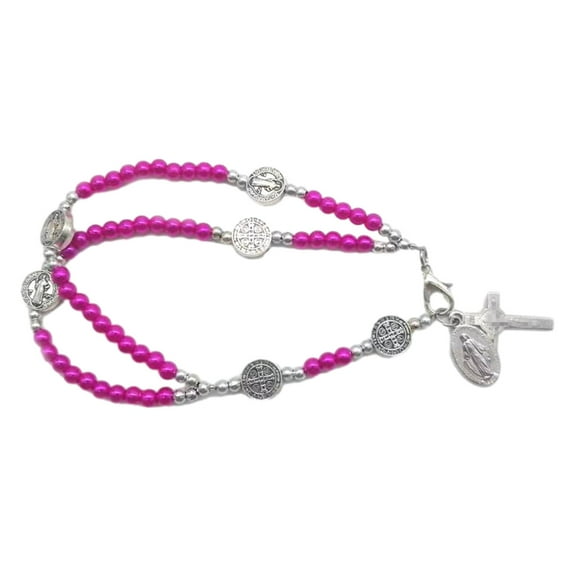 Aellinatey Catholic Cross Finger Chain Pearl Beaded Rosary Bracelet for Christening Gift