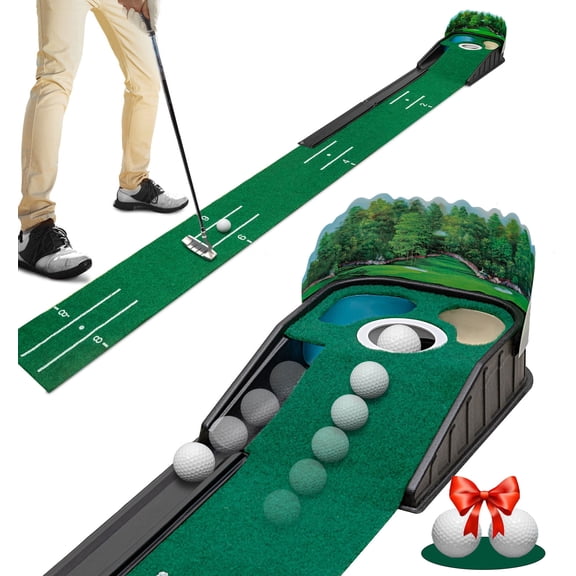Zcoorey Putting Green Indoor, 8FT Golf Putting Mat with Sand Bunker & Water Hazard, Realistic Green Speed & Ball Return, 2 Golf Balls Included