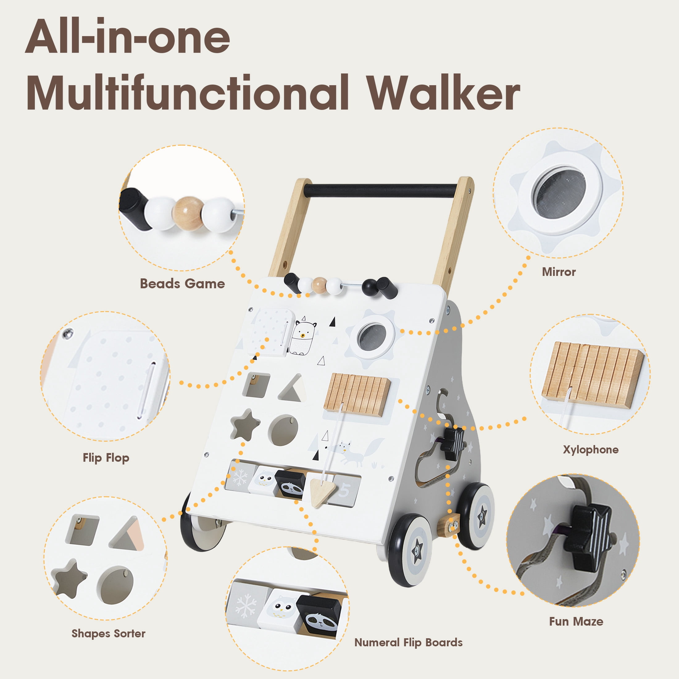 Jolie Vallee Wooden Baby Walker,Push Walker with Activity Center,Push Wlakers for Babies 12 M+,Adjustable Speed and Height Walkers for Boys/Girls