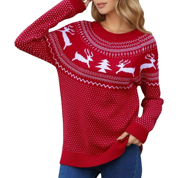 Women Christmas Outfit Elegant Fair Isle Knit Pullover Sweater for Women Cozy Winter Wear Soft Yarn Comfortable Loose Fit Casual Turtleneck Top Cold Weather Fashion Red S