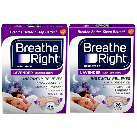 2 Pack Breathe Right Drug Free Lavender Scented Nasal Congestion Strips, 26 Each