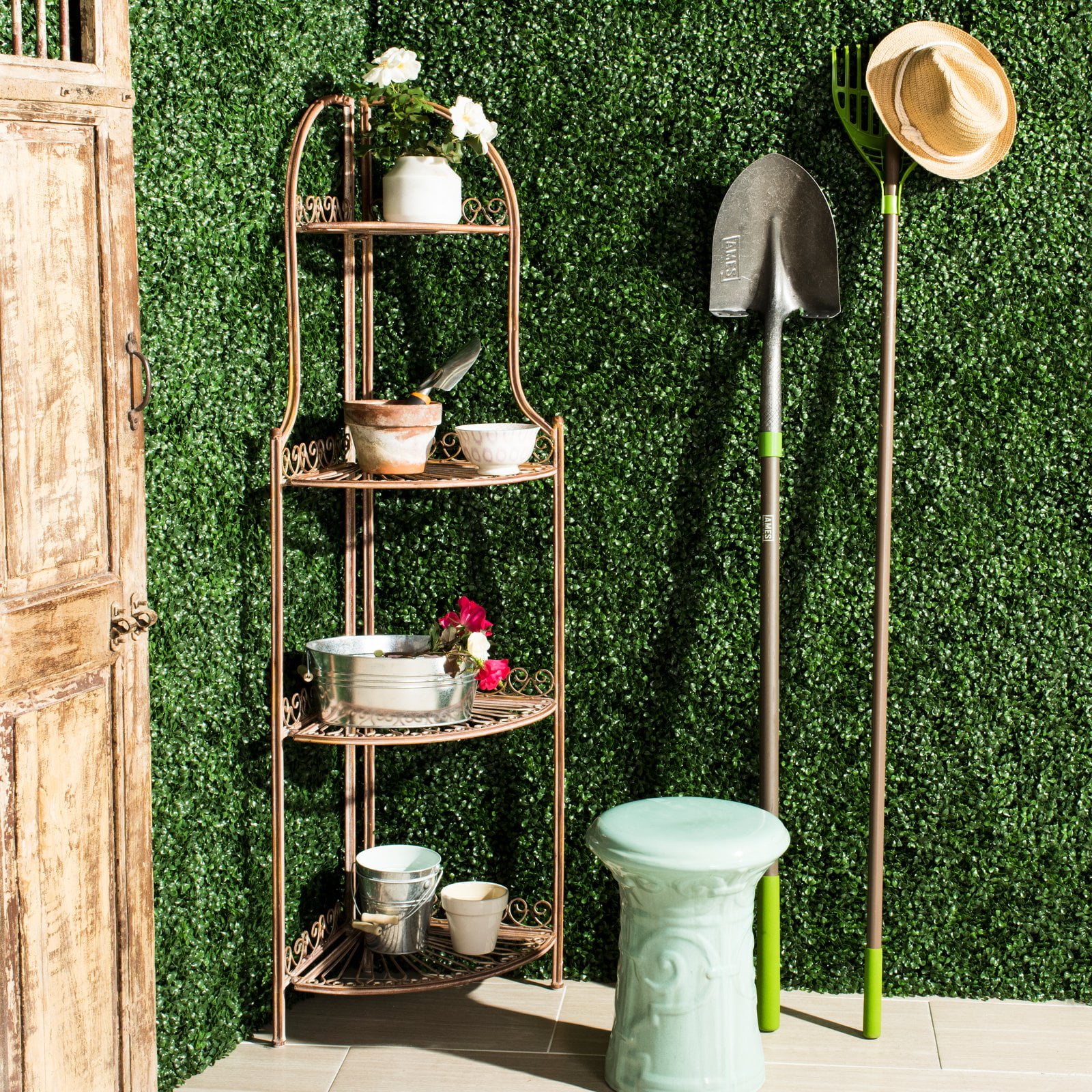 Abarrane Wrought Iron 4 Tier Outdoor Corner Shelf Safavieh Constructed Metal NEW eBay