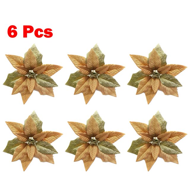 6Pcs Christmas Glitter Artificial Poinsettia Flowers Xmas Poinsettia Artificial Wedding Flowers Decorations Xmas Tree Ornaments for Party Favors, 10inch
