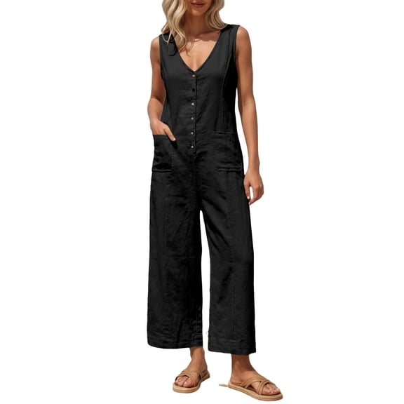Avolia Women's Button Front Sleeveless Jumpsuit Wide Leg Blend Romper with Pockets