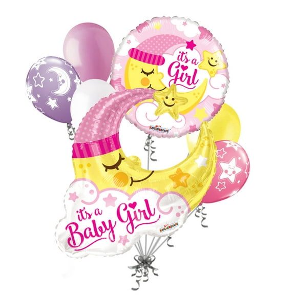 7 pc Baby Girl Sleeping Moon Balloon Bouquet Party Decoration Welcome Home Star