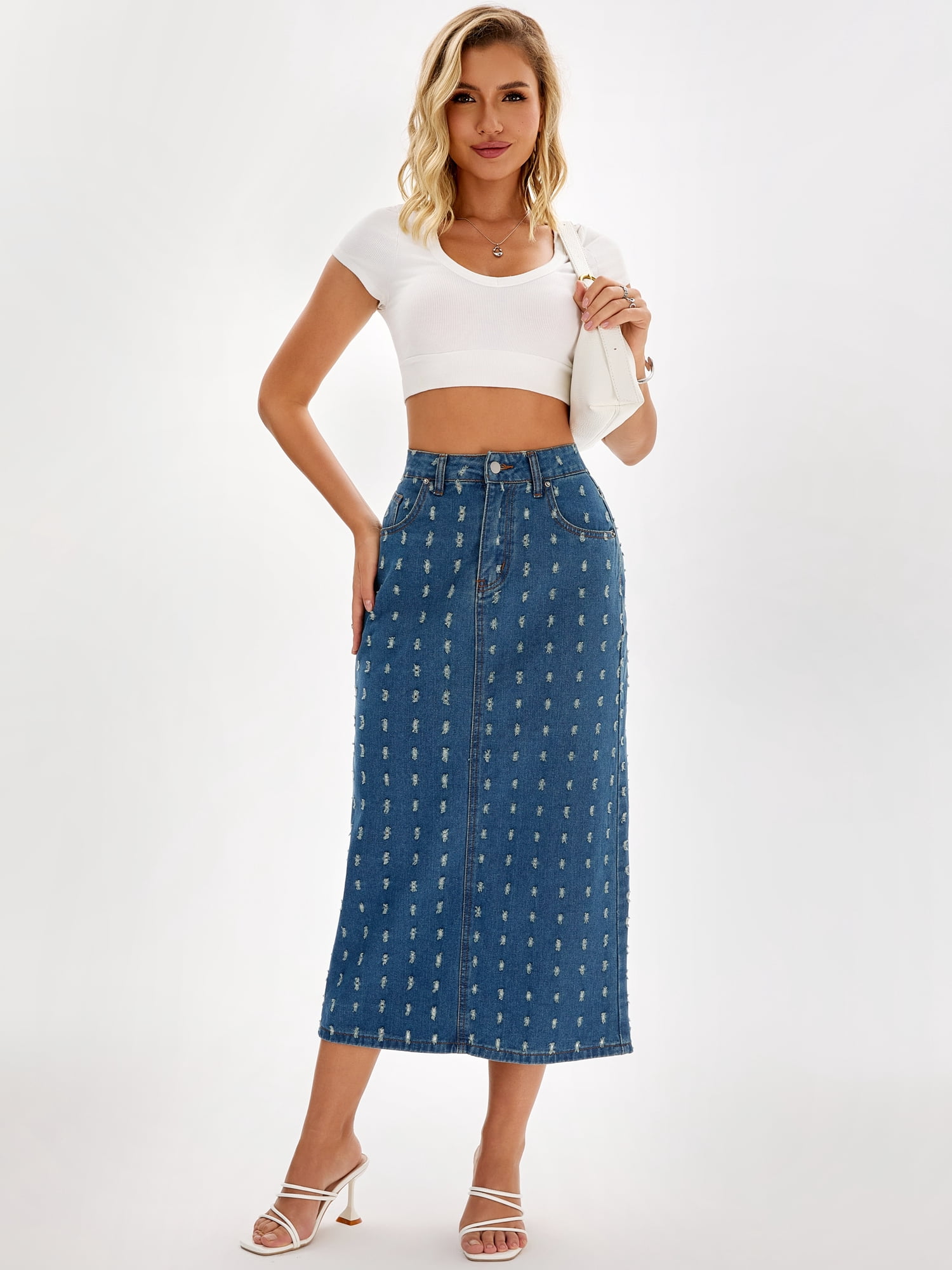DARING DIVA Women's Denim Ripped Holes Back Slit Midi Jean Skirts X-Large Vintage Blue