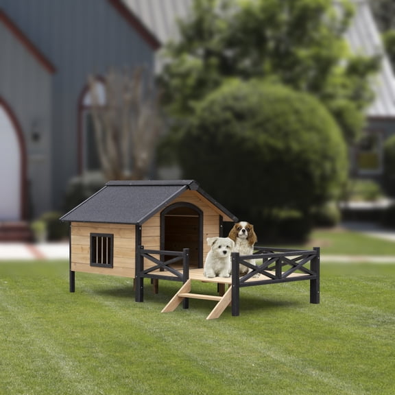 Outdoor Large Wooden Cabin-Style Dog Kennel - All-Around Iron Frame Anti-Chewing Metal Construction Waterproof Asphalt Roof & Large Resting Porch