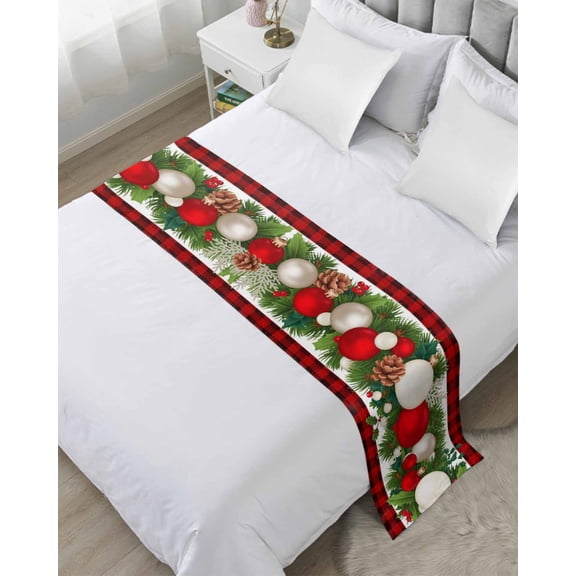 Bed Runner Scarf Queen Size, Christmas Balls Stain Bed Runners & Scarves for Foot of Beds, Winter Pine Branch Xmas Red Black Plaid Decorative Bedding Runner Scarf for Hotel Home Bedroom