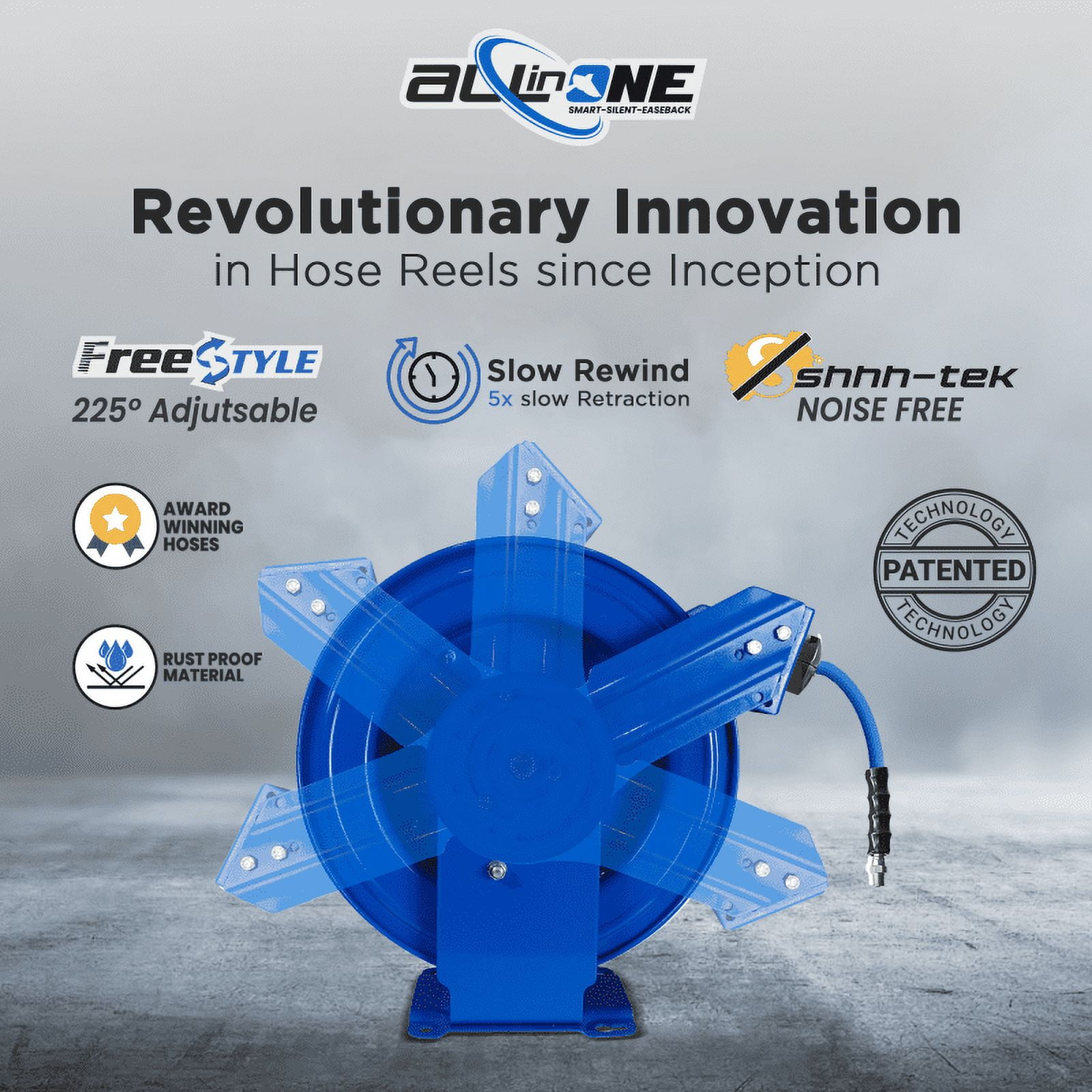 BluBird BluShield All-in-One Rubber Air Hose Reel 3/8" X 50(Dual Arm ) with 6' Lead-in-Hose. Includes FreeStyle, Sshhh Tek, and Safety Rewind Features.