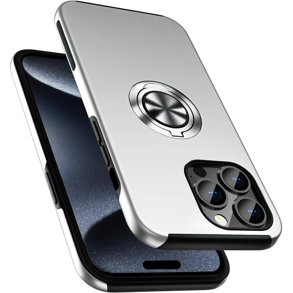 Shockproof Case for iPhone 15 Pro 6.1'', [Embedded Finger Ring] Military Grade Phone Case Cover with Reinforced Metal Stand Kickstand [Support Magnetic Car Holder] for iPhone 15 Pro, Silver