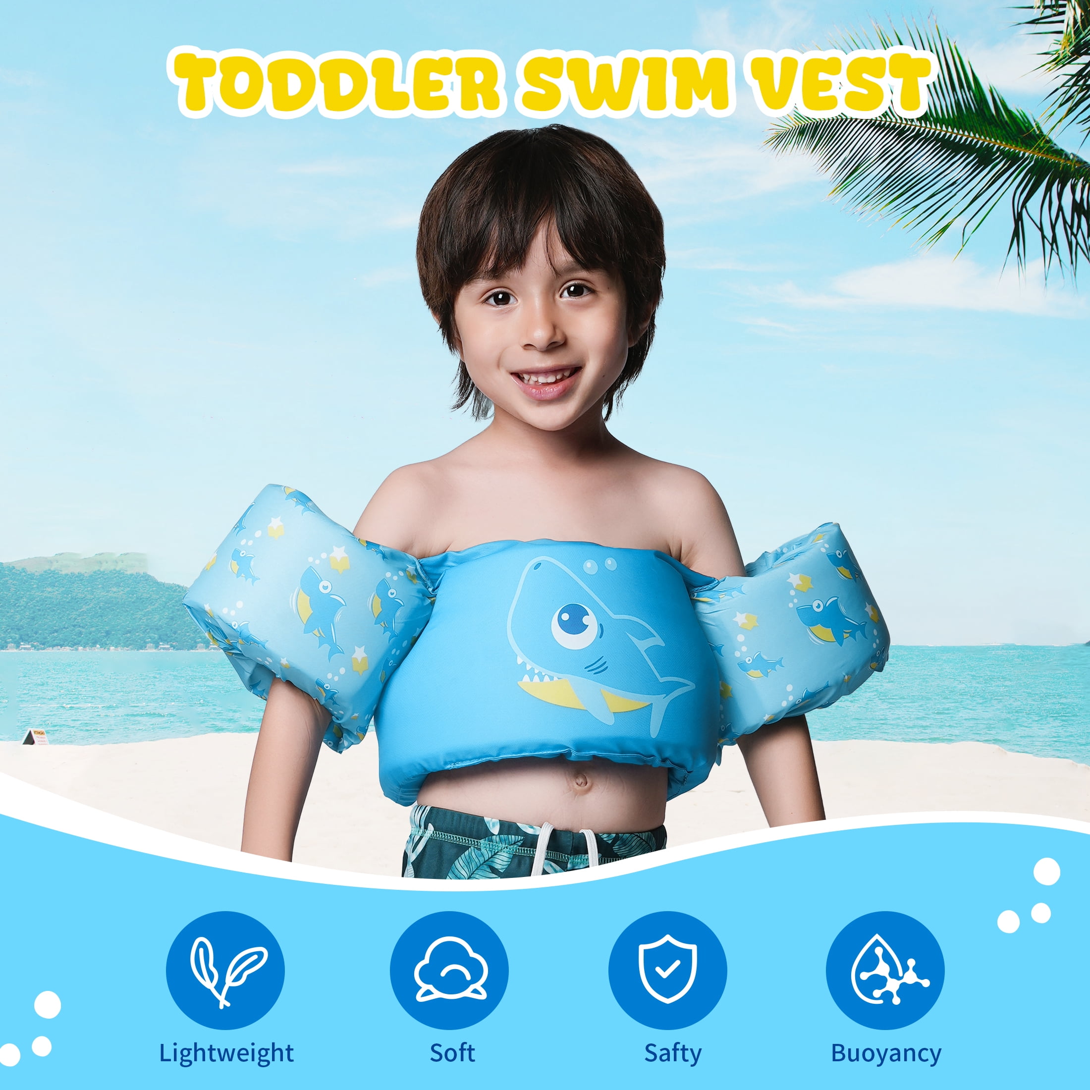 NEO-SPLASH Toddler Swim Vest with Armbands, Life Jackets for Kids Aged 1-3 (24.2-41.8 lbs), Blue Shark