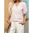 thumbnail image 2 of Womens Short Puff Sleeve Striped Blouses Top V Neck Loose Fit Casual Summer Work Blouses Striped Shirt Pink S, 2 of 6