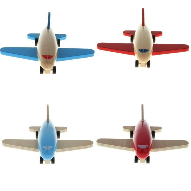 4 piezas de dibujos animados de , extraíble para niños, , juguetes de desarrollo , , colores Multicolor juego de 4 aviones de madera pull-back, frontales en dos filas; fuselaje liso con pintura a base de agua en rojo y azul, alas planas y ruedas negras, tracción por fricción, tamaño aprox. 12 x 15 x 4.5 cm; estimula imaginación y coordinación ojo-mano, a menudo usado como decoración infantil.