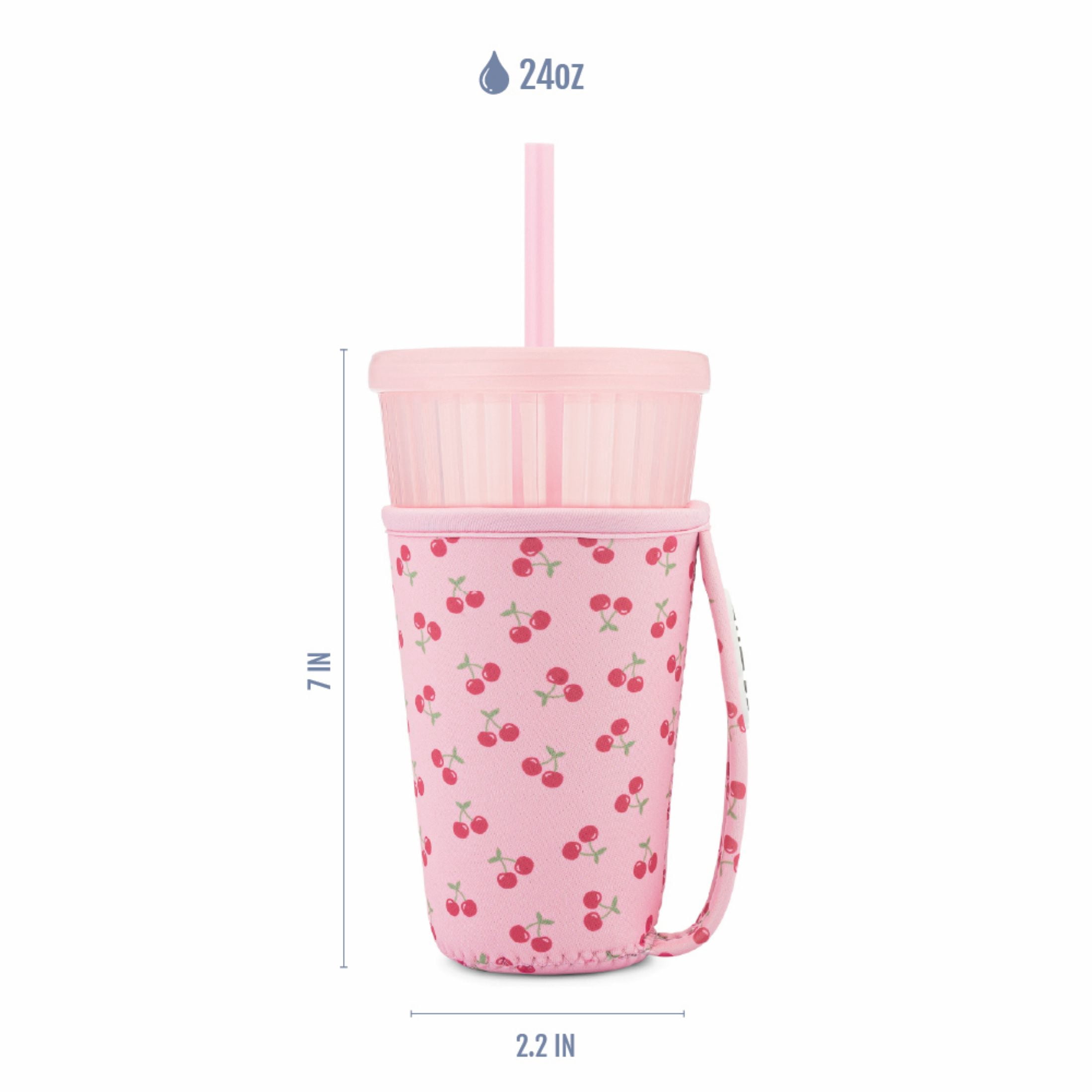 Ello Iced Coffee Cooler, 24oz Reusable Coffee Tumbler with Straw Lid and Neoprene Sleeve, Car Cup Friendly, BPA-Free, Pink Cherries