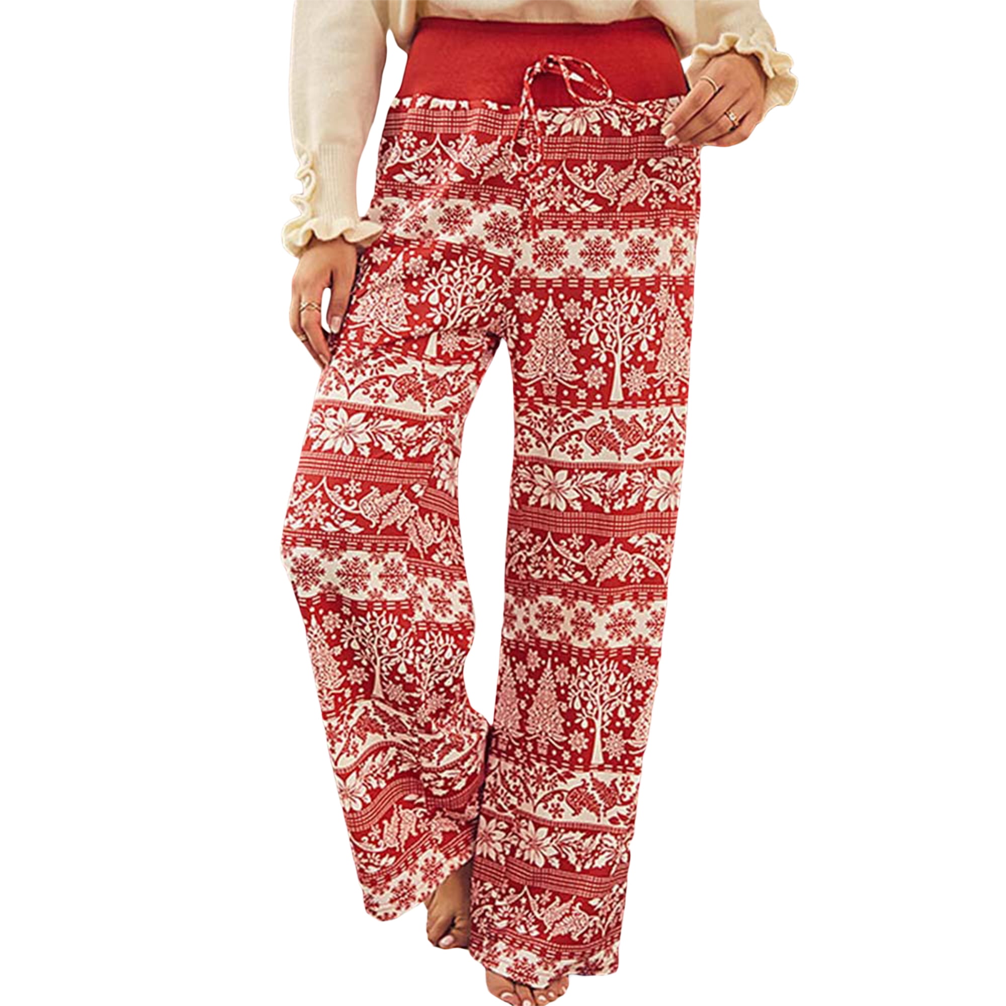 xiaxaixu Women s Christmas Pajama Pants Elastic High Waist Wide Leg Lounge Pants Drawstring Trousers