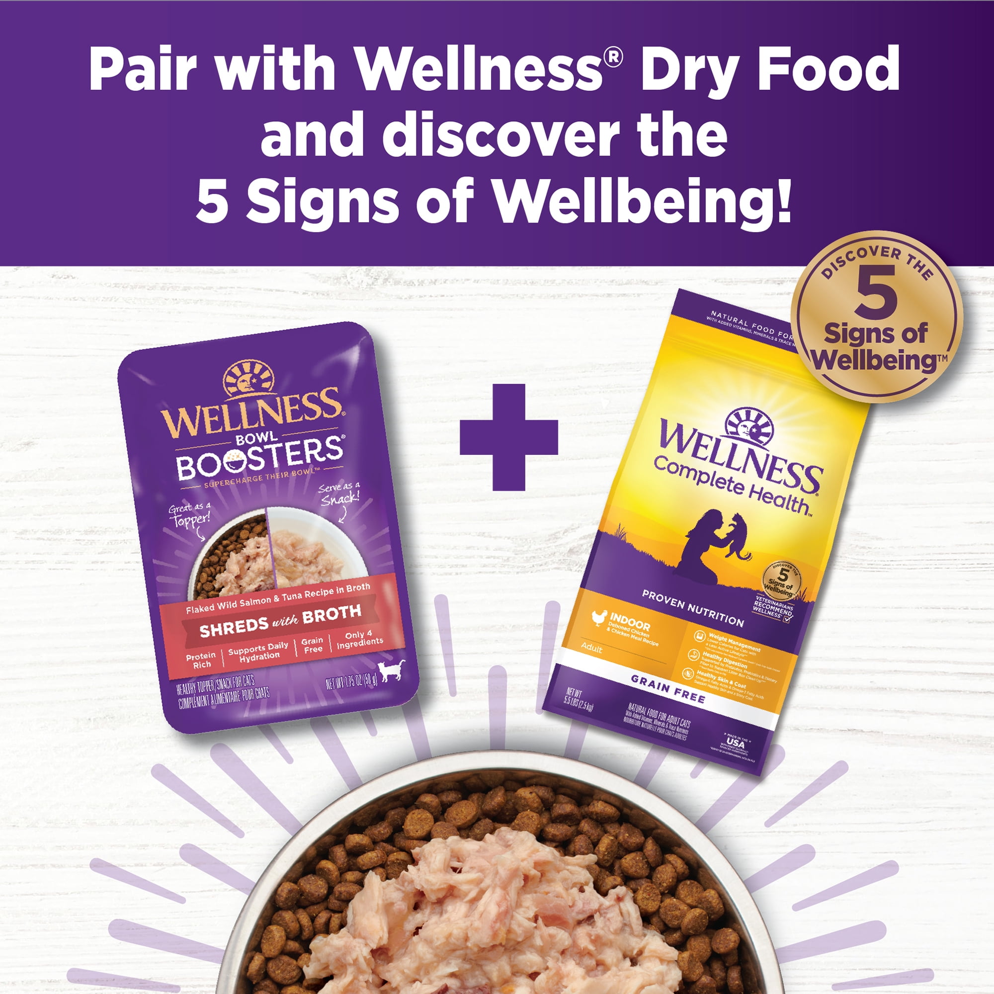 Wellness Bowl Boosters Wet Cat Food Topper, Grain Free, Natural, Flaked Salmon & Tuna Recipe in Broth, 1.75 Ounce Pouch (Pack of 12)