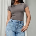 thumbnail image 4 of JYLFC Casual Crew Neck T-shirt for Woman Short Sleeves Stretchy Crop Top Slim Fit Solid Tee Tops Summer, Gray XL, 4 of 7