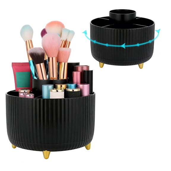 FORICOM Makeup Brush Holder Organizer,360° Rotating Makeup Brush Organizer,5 Slot Make up Brushes Cup for Cosmetics, Nail Polish, Art Supply, Bathroom Vanity Desktop Organizer - Black