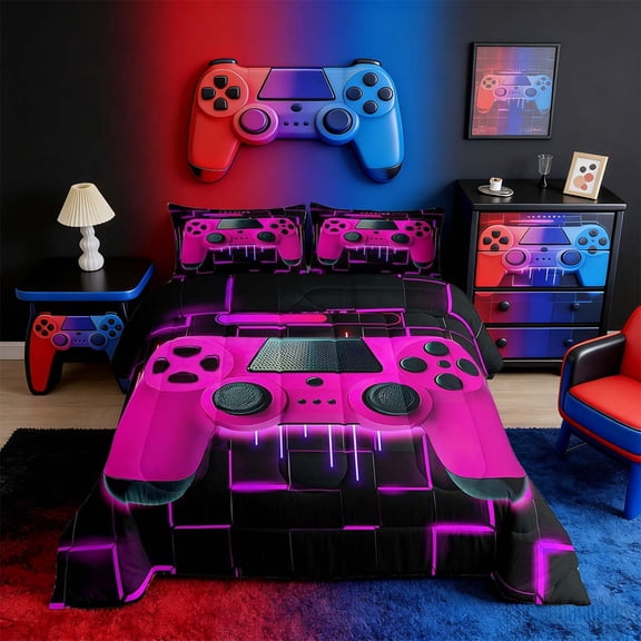 Purple Gaming Comforter Set - Gamer Comforter Twin Bedding Sets , Neon Lights Abstract Geometry Design Gamer Room Decor