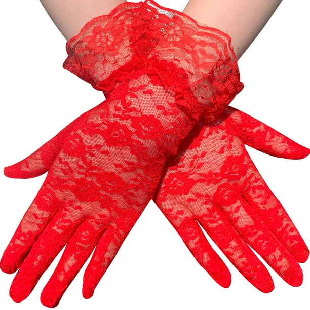 Zhuge Guantes de encaje, suaves y delicados, para fiestas y celebraciones, rojos, 1 par