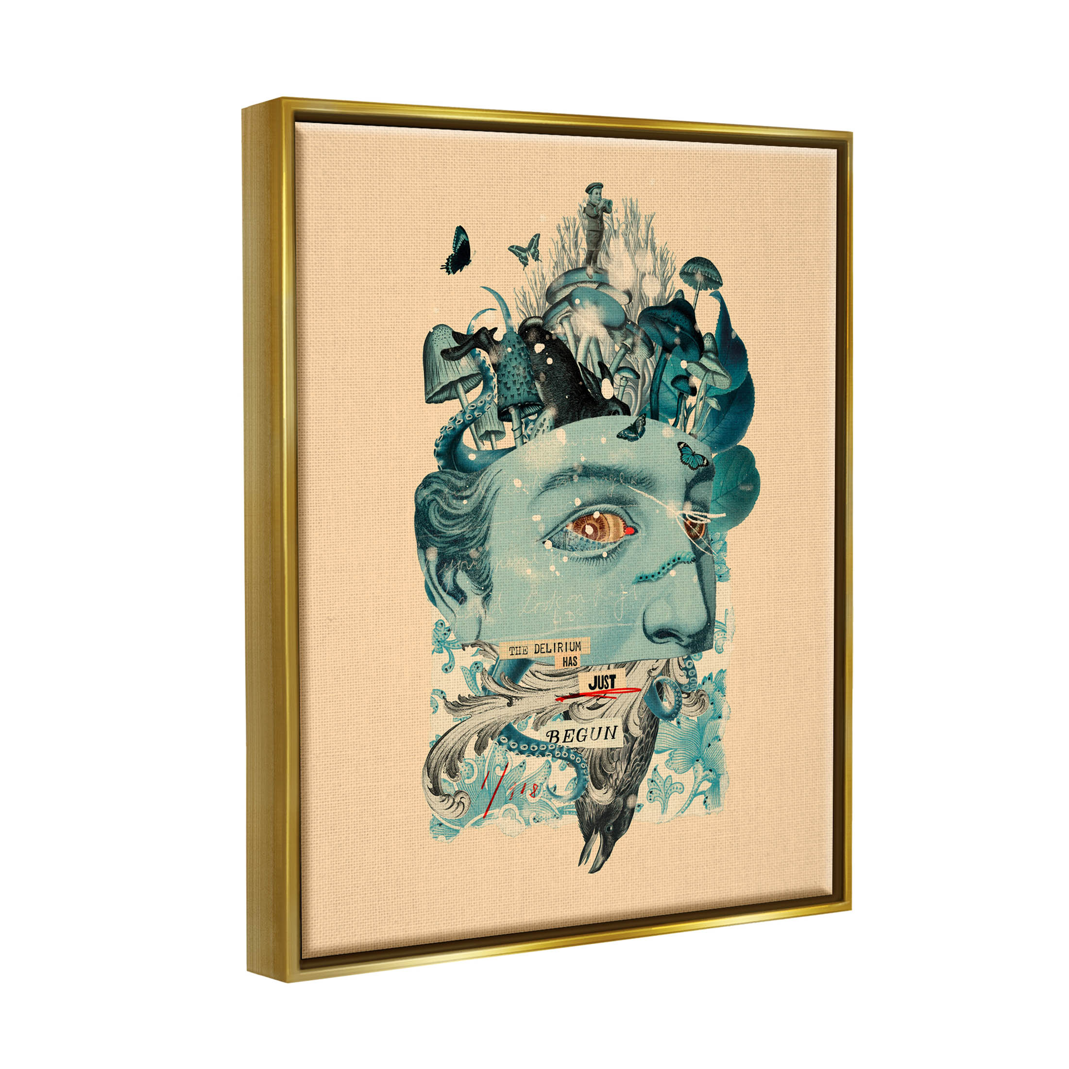 Stupell Industries Botanical Mushroom Man Surreal Collage Graphic Art Metallic Gold Floating Framed Canvas Print Wall Art, Design by Matheus Lopes Castro