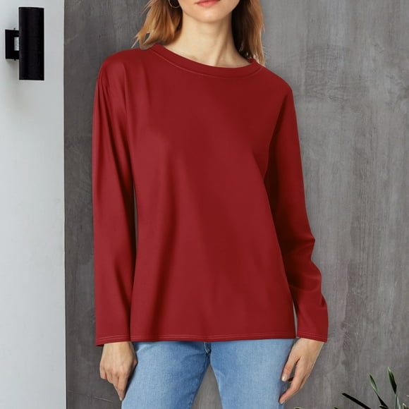 Red Womens Tops Long Sleeve Shirts for Women Casual Crew Neck Tops Fall Fashion 2025 Fitted Basic Tee Tunic Tops Pullover Going Out Tops for Women