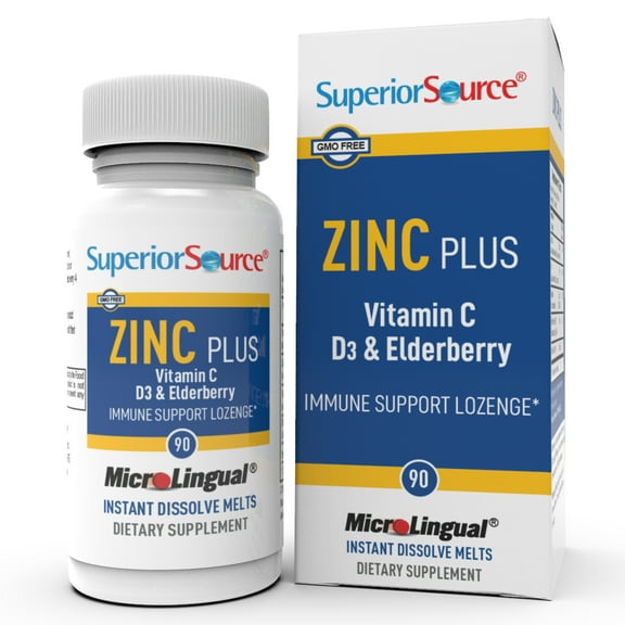 Superior Source Zinc Plus - Immune Support with Vitamin C, Elderberry & D3 - 90 Instant Dissolve Tablets