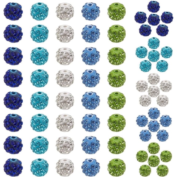 About 100Pcs 5 Colors Rhinestone Beads 9-10mm Round Disco Ball Beads Blue Rhinestone Clay Beads Bling Glitter Suger Bugglegum Beads for Necklace Bracelet Earring Jewelry Making Mixed Color 1set