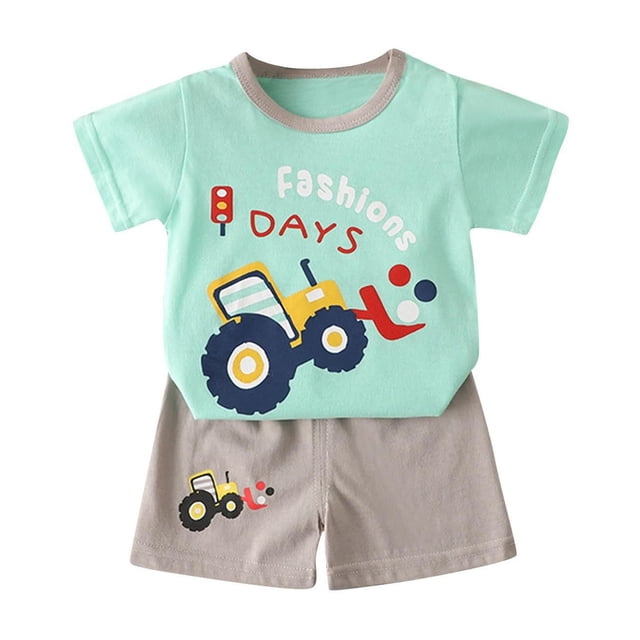 Odeerbi 6M-6Y Niños Niñas Trajes de Verano Excavadora Camión Impreso Algodón Manga Corta Camiseta Pantalones Cortos Conjunto de Dos Piezas Cintura Elástica