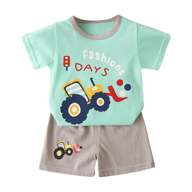 Odeerbi 6M-6Y Niños Niñas Trajes de Verano Excavadora Camión Impreso Algodón Manga Corta Camiseta Pantalones Cortos Conjunto de Dos Piezas Cintura Elástica