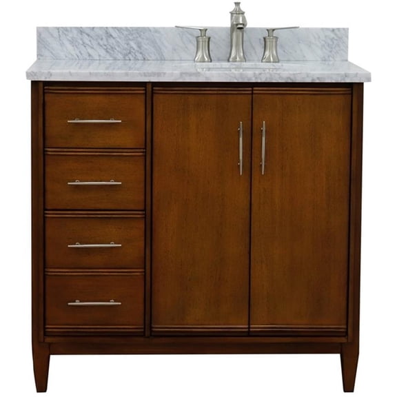 MCM Solid Wood Single Vanity with Right Oval Sink in Walnut/White Carrara