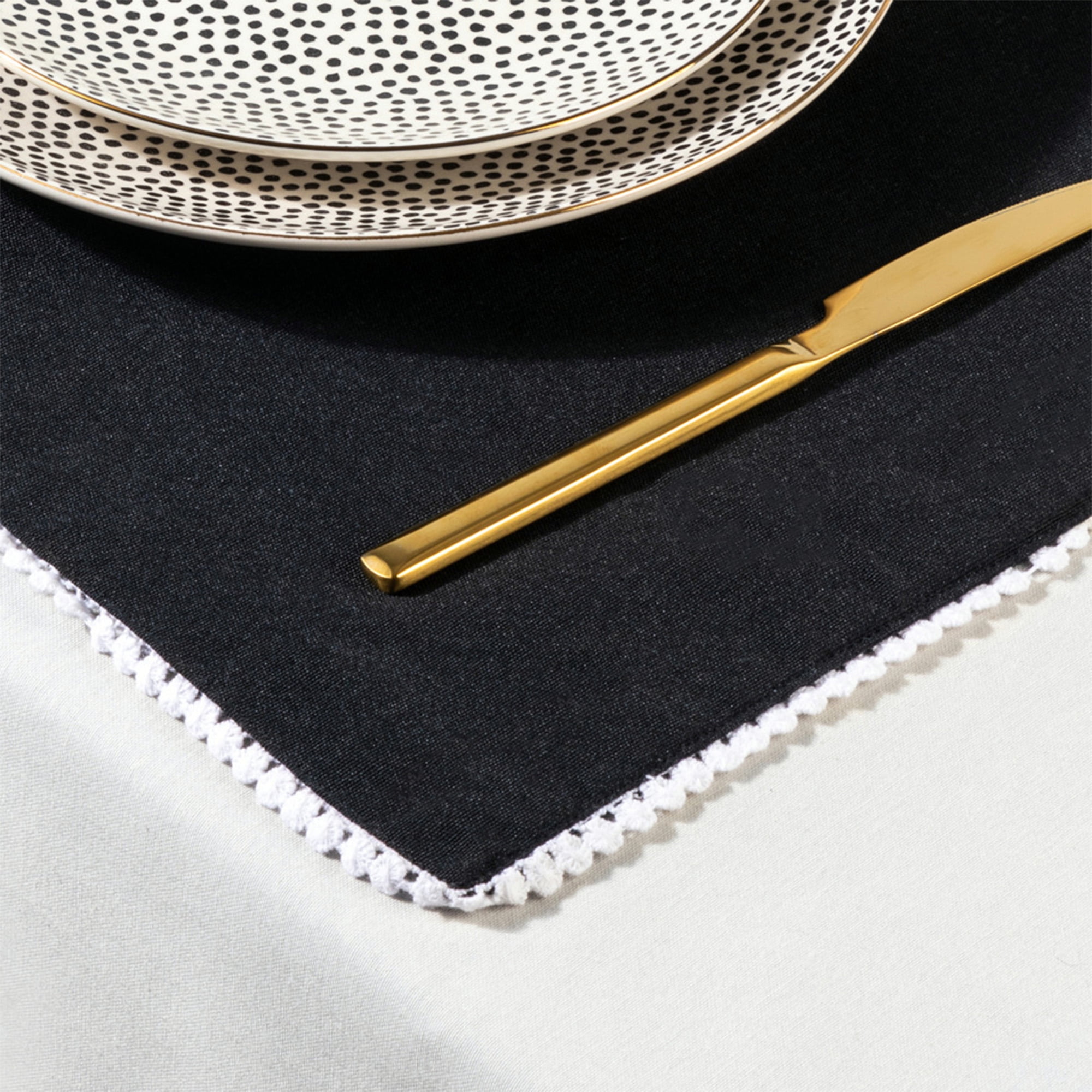 Thyme & Table Placemat, Ivory with Black Pom Pom Trim, 14 x 19"