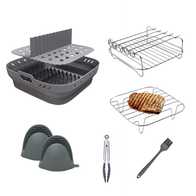 Juego de bandejas de silicona con forma de cesta para freidora de aire, accesorios de parrilla para freidora de aire cuadrada, molde reutilizable para freidora de aire gris
