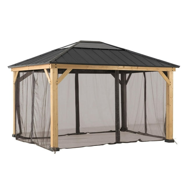 Sunjoy 11 ft. by 13 ft. wood-framed gazebo covered with universal black mosquito netting and topped with a dark metal roof.