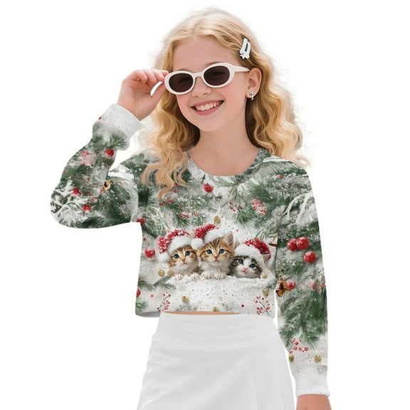 Xixirimido Christmas Trees Cats Kids Crop Tops Girls Long Sleeve T-Shirts Printed Fashion Cropped Sweatshirt Crew Neck Pullover Top Fall Clothes for 5-6 Years