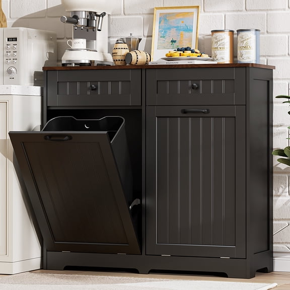 HARIPUL Double Tilt Out Trash Can Cabinet for 2 Bins, Hidden Garbage Can Cabinet with Drawers, Wooden Trash Bin Cabinet, 10 Gallon Trash Can Holder Cabinet for Kitchen, White