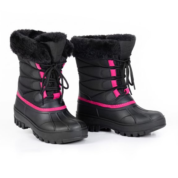 NIPAXO Girls Snow Boots Waterproof Winter Boots Black and Hot Pink Faux Fur Cuff Lace-Up Cold Weather Outdoor Shoes for Kids