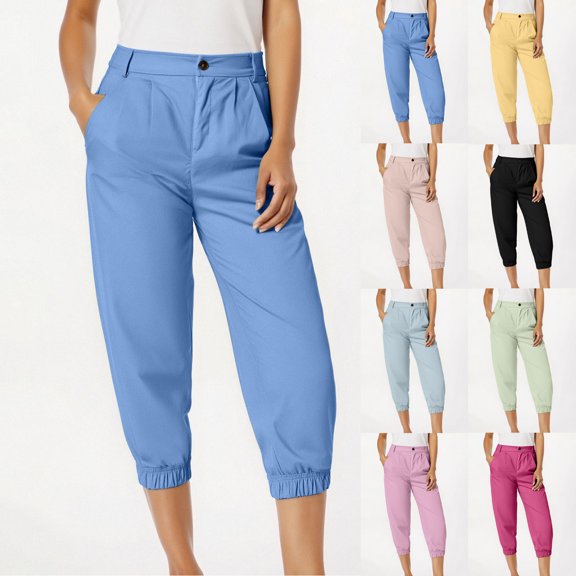 KeShDi Dress Pants For Women Clearance Clothes Under $5.00 Womens Summer Fashion Solid Casual Button Zipper Capris Jogger Pants Light Blue L