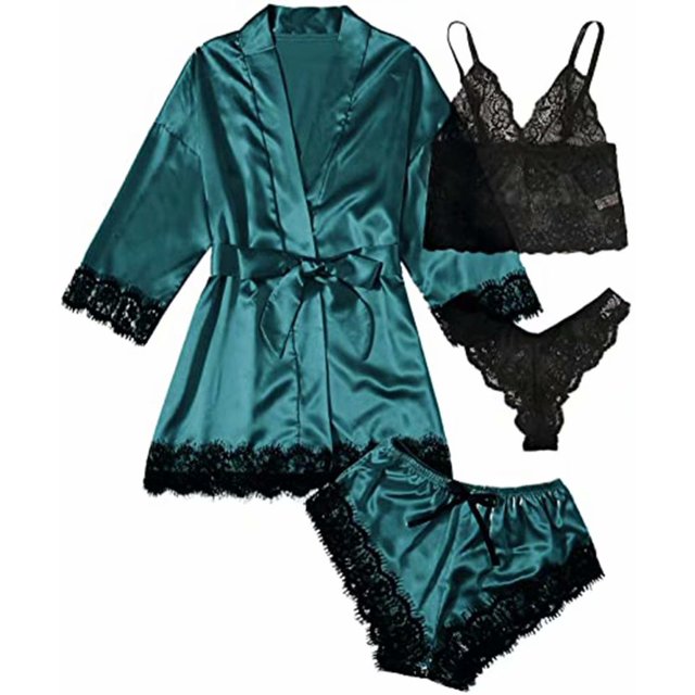 Pyjama pour Femmes 4 Pcs avec Garniture en Dentelle Florale, Ensemble de Pyjama en Satin avec Robe Vert Foncé 4 Pcs L