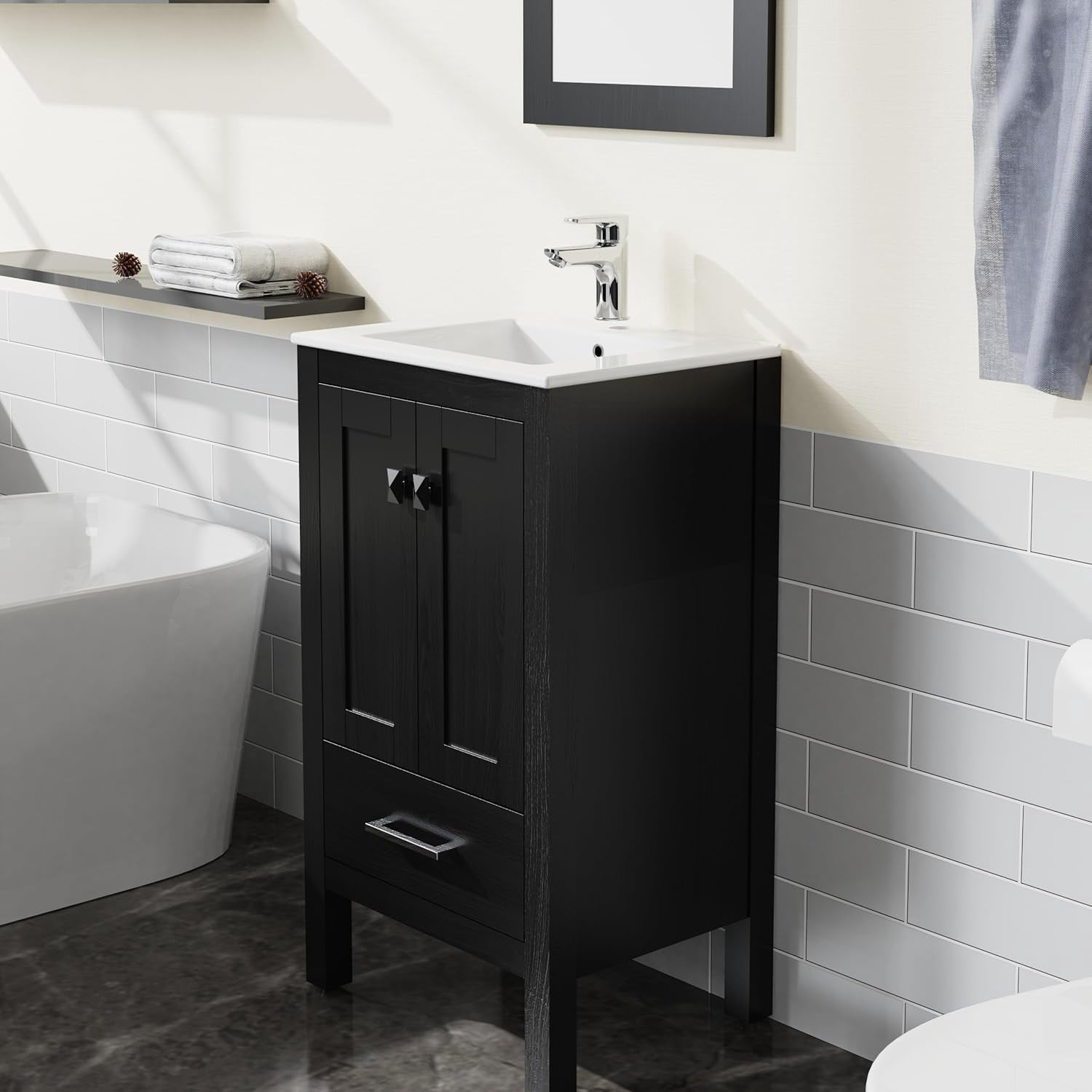 Goodyo 20 inch Bathroom Vanity Sink Combo, Black Bathroom Cabinet with White Sink Top, Black Water-Grain Ripple Pattern