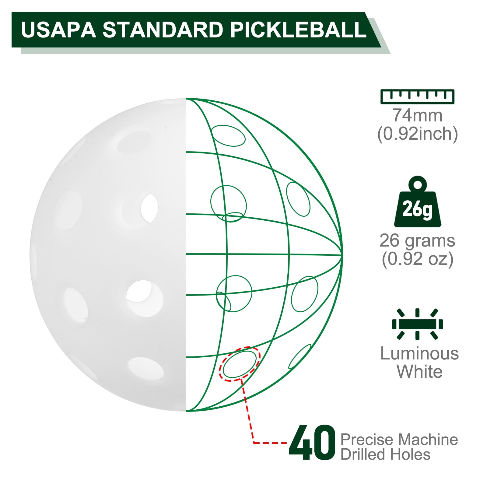Luminous Pickleball Balls 40 Holes Glow in the Dark Pickleball Balls with Mesh Bag White, 6 Pack