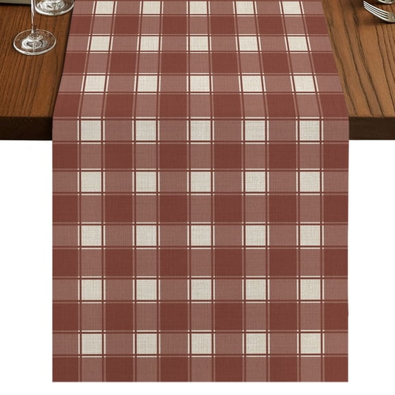 Brown White Checkered Burlap Cotton Table Runner 13x120 Inches Long, Farmhouse Plaid Buffalo Elegant Farmhouse Table Runners, Outdoor Dining Table Decor for Baby Shower/Party/Wedding
