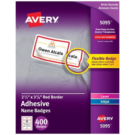 UPC: 0072782050955 | Avery Flexible Printable Name Tags  2-1/3  x 3-3/8  Rectangle Labels  White with Red Border  400 Removable Name Badges (05095)