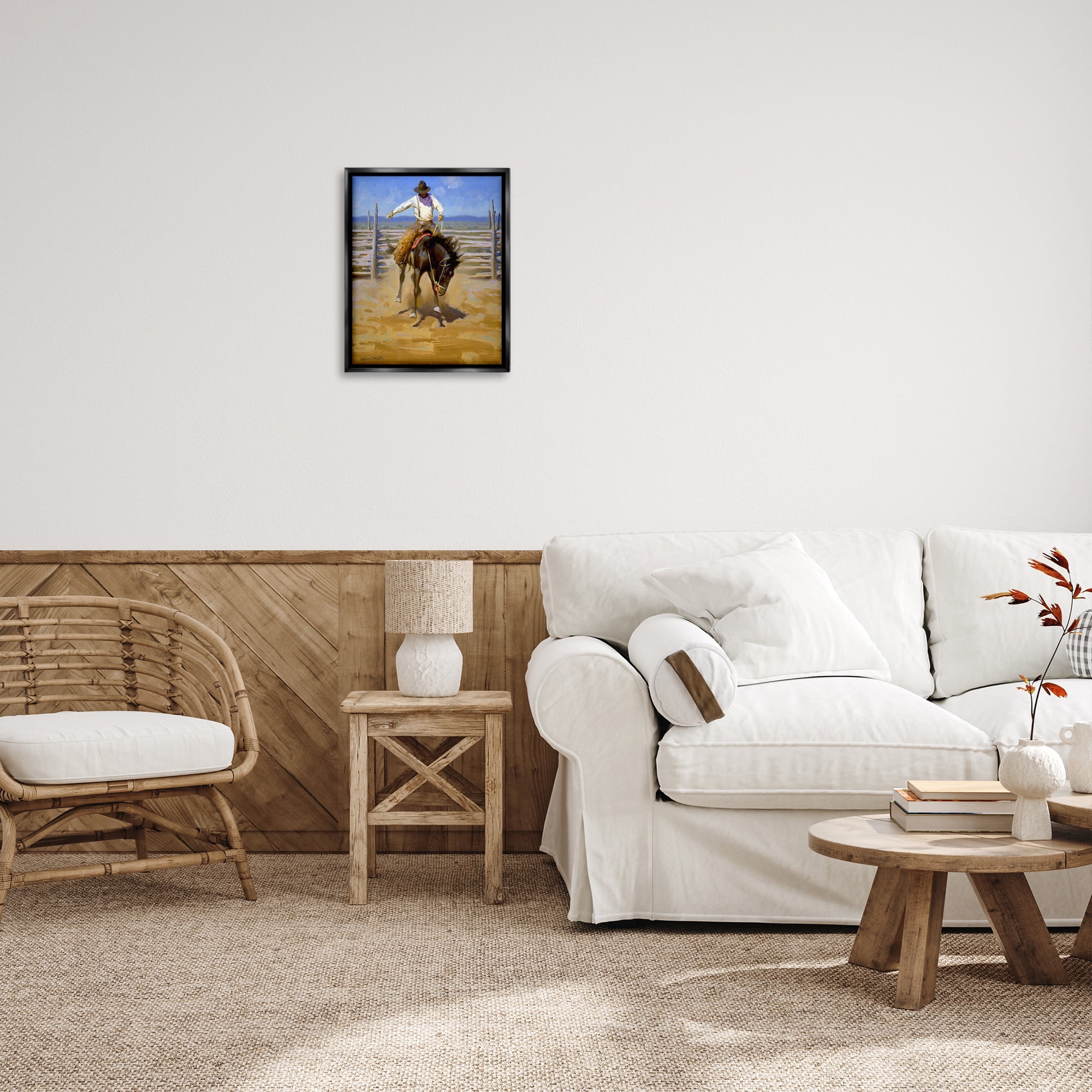 Stupell Industries Cowboy on Farm Landscape Painting Black Floater Framed Canvas Art Print Wall Art, 17 x 21