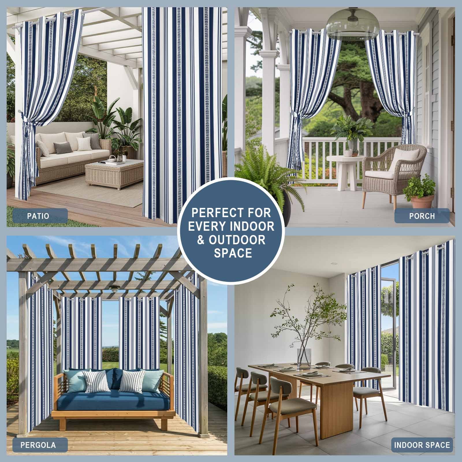 Navy Blue Striped Outdoor Curtains for Patio, Modern Farmhouse Stripes Rustic Geometric Sunshade Privacy Drapes Grommet Waterproof Outside Curtains for Porch/Cabana/Balcony 54"x 108", 1 Panel
