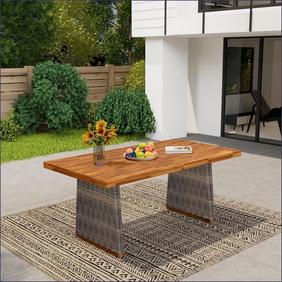 Picnic Tables | Mesa de Picnic, Modern Outdoor Teak Acacia Wood Table for Patio, Light Gray Wicker | Acacia Wood,Wicker | Rectangle