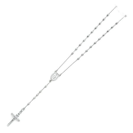 14k Rosary Crucifix - 14K White Gold Puff Ball Diamond Cut 3mm Beaded Rolo Links Rosary Necklace Religious Crucifix 26