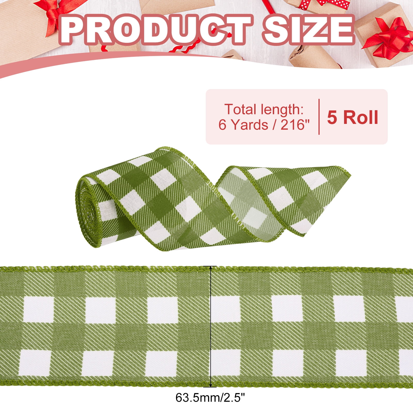 Uxcell 30 Yards x 2.5" Buffalo Plaid Ribbon, Green and White Gingham Ribbon for Thanksgiving Bow Wreath Craft